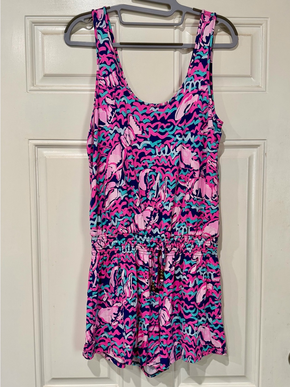Lilly Pulitzer Pink & Teal Tala Romper in Lobstah Roll Print. Size Small